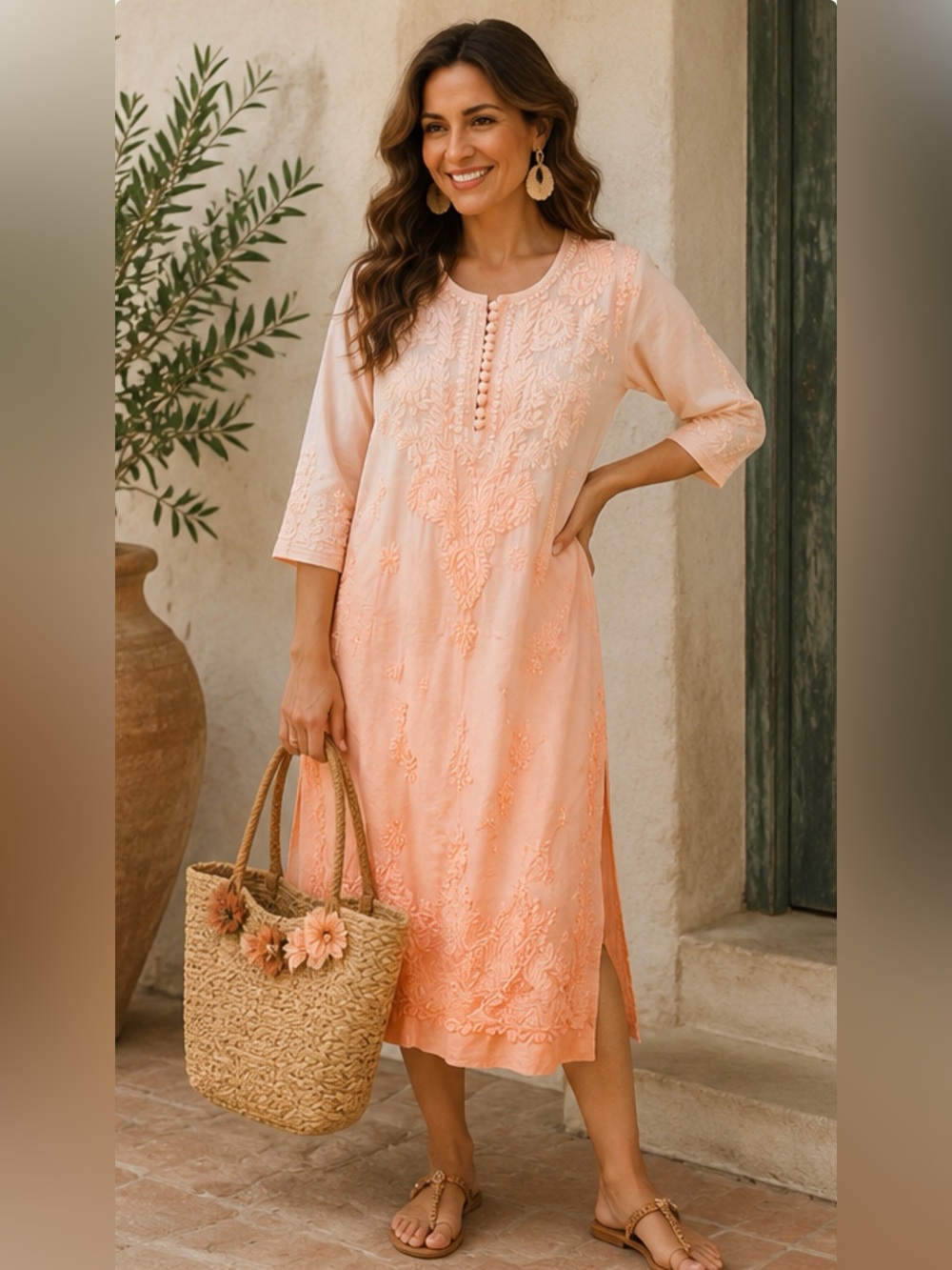 Vintage Ombré Peach Hand Embroidered Boho Kurta Dress | Cotton Tunic | 40 Large